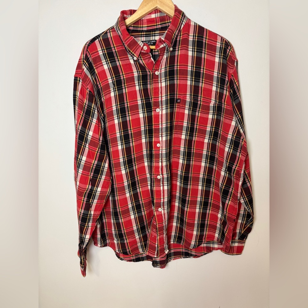 Ralph Lauren Polo Jeans Red and Black Plaid Flannel Button Down Shirt XL